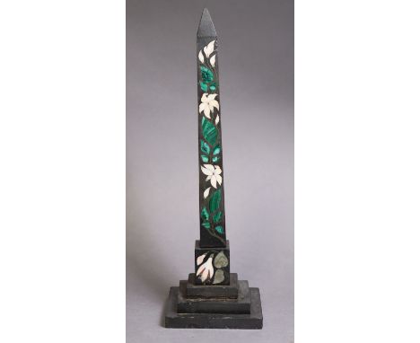 A Victorian Derbyshire black marble &amp; Pietra dura obelisk, 37cm high x 11.2cm wide.