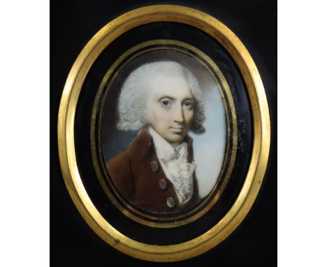 GEORGE ENGLEHEART (1750-1829) A portrait miniature of a gentleman, wearing brown jacket with white cravat, 6cm x 5cm (oval, o
