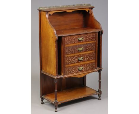 A late 19th/early 20th century mahogany side or sheet music cabinet fitted four long drawers with brass handles, an open rece