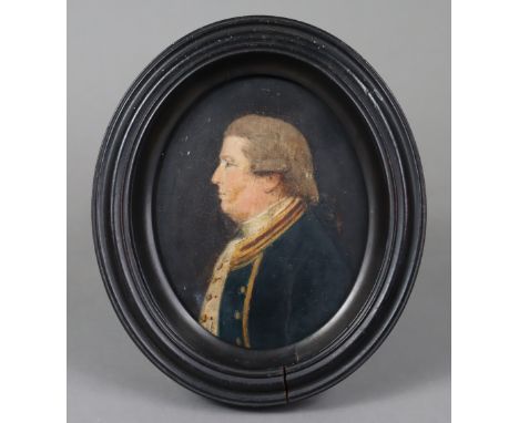 ENGLISH SCHOOL, late 18th century. A miniature portrait of a naval officer in profile, inscribed “Geo. III” verso, Oil on woo