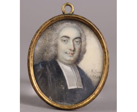 JOHN LACON of Bath (fl. 1740-50) A portrait miniature of a gentleman in clerical robes, signed &amp; dated “J. Lacon 1750”, m