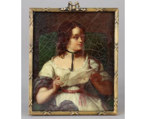 ENGLISH SCHOOL, 19th century. “Miss Wardour, Antiquary”, a portrait miniature of a young girl reading manuscript, Oil on zinc