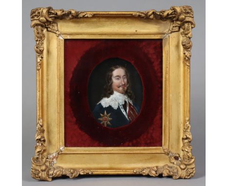ENGLISH SCHOOL, 18th/19th century. A portrait miniature of King Charles I, Oil on copper panel, 11.5cm x 9.5cm (oval), inscri