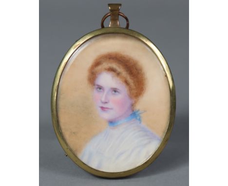 ENGLISH SCHOOL, late 19th/early 20th century. A portrait miniature of a lady, wearing blue ribbon around her neck, signed wit