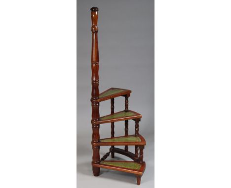 A Victorian-style set of mahogany four-tier library steps of spiralling form, inset gilt-tooled green leather to each step, o
