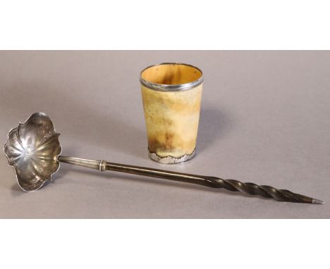 A 19th century horn beaker with white metal rims &amp; glass bottom, 10cm high; &amp; a George II punch ladle with fluted ova