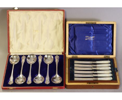 A set of eight silver-plated King’s shape gadrooned edge soup spoons; &amp; six pairs of engraved dessert knives &amp; forks 
