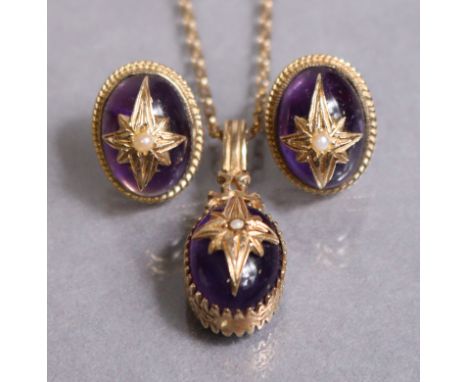 An amethyst oval cabochon pendant centred by a seed pearl, with 9ct. gold mounts, &amp; on 9ct. fine-link necklace; &amp; pai