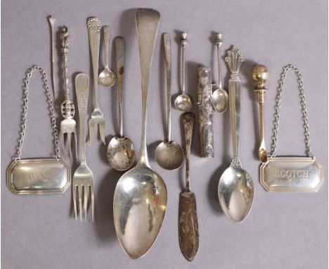 A George III silver Old English table spoon; a Georg Jensen sterling teaspoon; a pair of modern silver decanter labels for “S