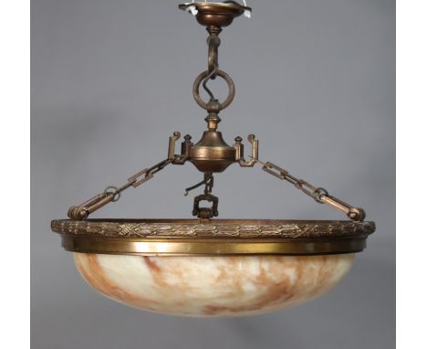 A Victorian large gilt metal circular plafonnier ceiling light with alabaster shade, 66cm dia. (the alabaster shade restored)