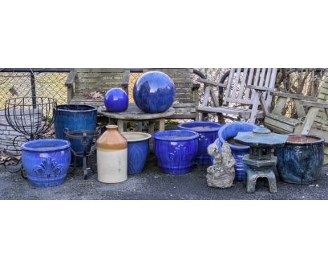 A group of nine blue-glazed terracotta jardinières &amp; garden ornaments, etc.