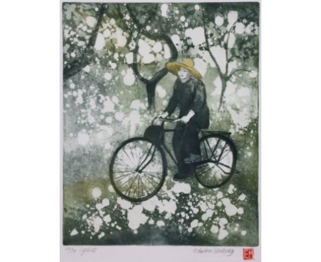 EDWINA MALONEY (contemporary). “Cyclist”, coloured etching, signed, inscribed, &amp; numbered 20/70 in pencil, 37 x 30 cm (im