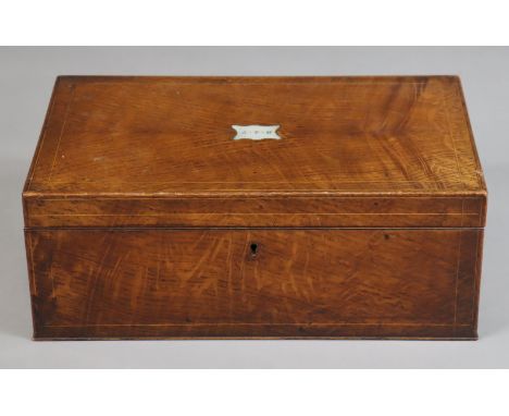 A Victorian oak work box (converted from a writing slope) inset mother-o-pearl plaque with initials “J.F.H” &amp; all-over bo