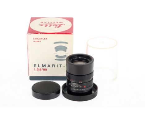 A Leitz Elmarit-R f/2.8 90mm Lens, black, serial no. 1965343, body, VG, elements, G, some very light internal fungus, complet