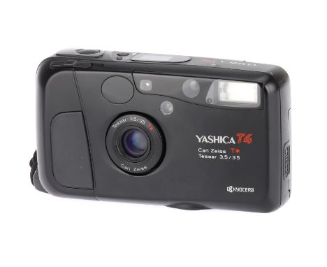 A Yashica T4 Compact 35mm Camera black, circa 1994, made by Kyocera, serial no.207603, with a Carl Zeiss T* Tessar f/3.5 35mm