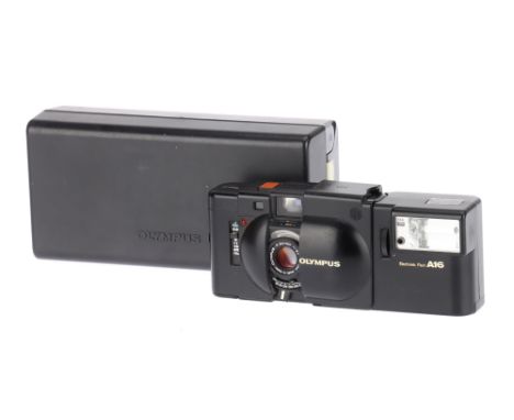 An Olympus XA Compact Rangefinder Camera black, with F.Zuiko f/2.8 35mm lens, shutter working, body F-G, lens F-G, mild fungu