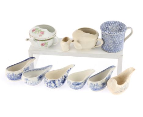 Small Collection of Medical Ceramics, including 2 invalid feeding cups, 6 pap boats all with blue and white transfer print (1