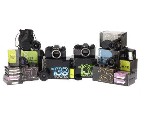 A Selection of Contax 35mm Cameras, to include a 137 MD Quartz, body F, grip covering highly deteriorated, otherwise VG, shut