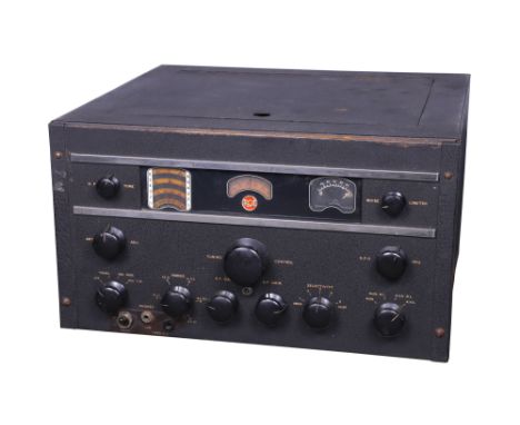 An RCA AR-88 Radio Receiver Unit, black, likely an AR-88D, black crinkle paint to front panel &amp; desktop cabinet, original