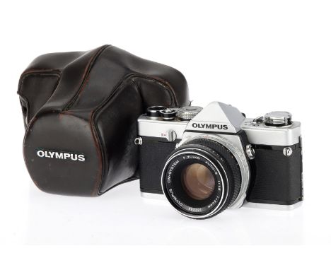 An Olympus OM-1 35mm SLR Camera chrome, 1973-74, serial no.250443, with an OM-System F.Zuiko Auto -S f/1.8 50mm lens, shutter