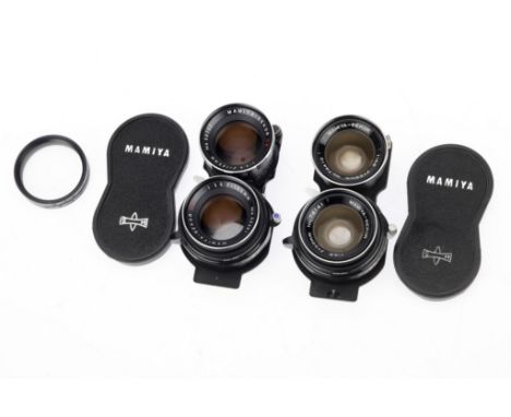 Mamiya-Sekor TLR Camera Lenses comprising black twin f/4.5 55mm lenses, shutter sticking, body and optics G and black twin DS