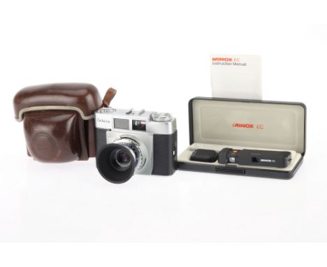 A Minox EC Subminiature Camera, black, body G, untested, in maker's case with flash &amp; strap, also with a Zeiss Ikon Color