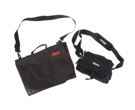 A Leica Soft Bag and a Nikon Camera Bag comprising a black and red Leica branded soft document bag and a small black Nikon br