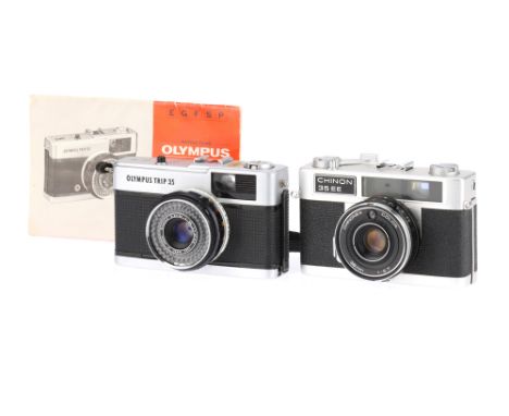 An Olympus Trip 35mm Viewfinder Camera, chrome, body F-G, shutter working, aperture blades do not move, together with a Chino