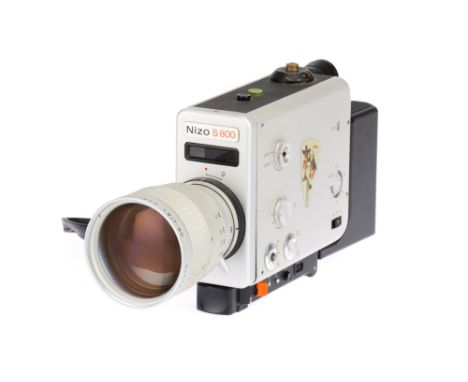A Braun Nizo S 800 Super 8 Motion Picture Camera, chrome, body F-G, missing battery compartment, missing handle lock button, 