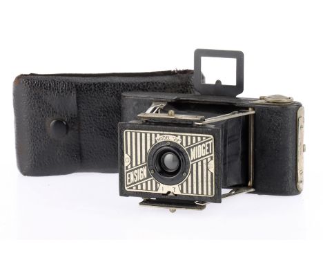 An Ensign Midget Model 22 Subminiature Camera, black, body G-VG, shutter working, some light tearing to bellows, in case,