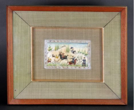 A group of eight Persian miniatures, 20th century, mostly hunting subjects, mounted in four frames, varying sizes (8).