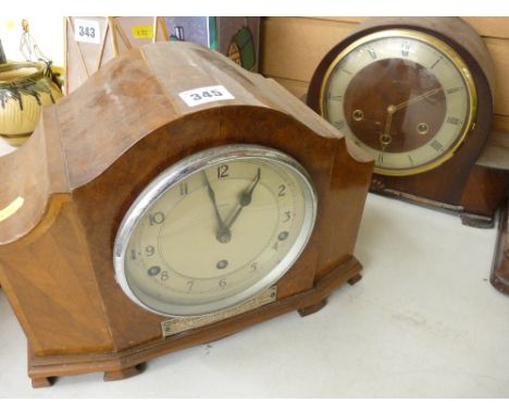 Art Deco walnut cased mantel clock with presentation plaque and an oak cased example