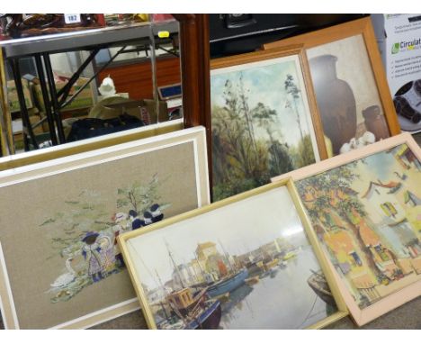 Good wooden framed bevelled wall mirror and a parcel of paintings, prints etc
