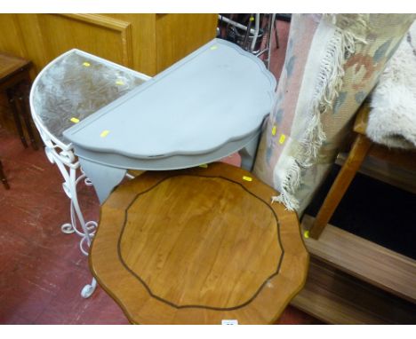 Small high gloss light wood occasional table, a grey painted half moon table, a scrolled metal and glass topped whatnot and a