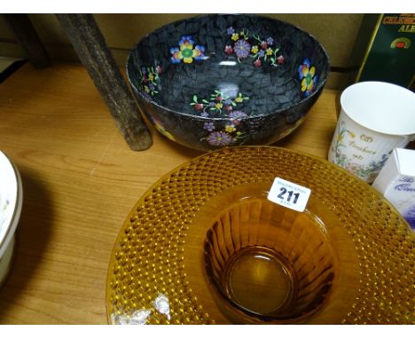 Amber glass posy vase and a Copeland Spode floral decorated pedestal bowl