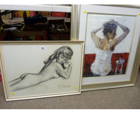 Charcoal drawing - reclining nude, indistinctly signed and a framed print of a ballet dancer by BARCLAY
