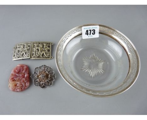 Starcut based glass bowl with pierced silver rim, a dragon carved red jade pendant, a filigree floral brooch and a two part b