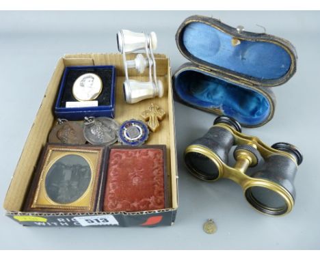 Cased Daguerreotype, two pairs of opera glasses, two singing award medallions, an 1887 enamel fronted brooch and a 1953 Royal