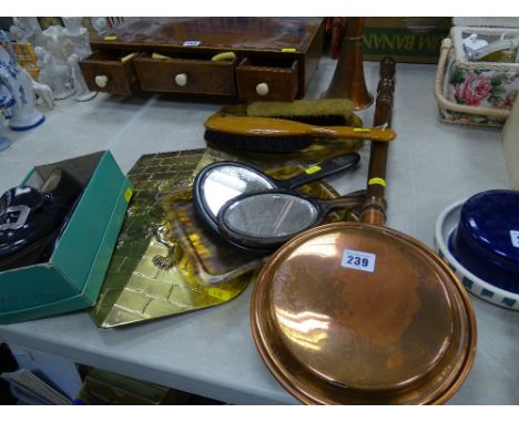 Brass plaque, pair of vintage child's shoes, copper hunting horn, bedwarming pan etc (a parcel)
