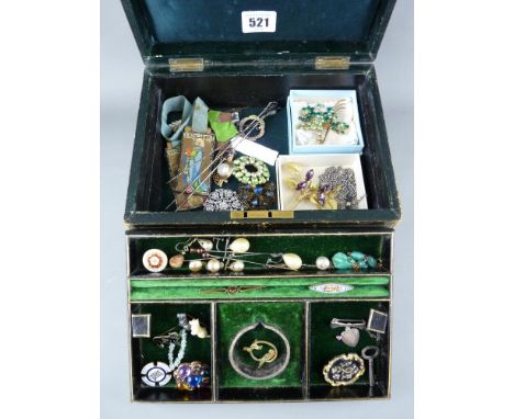 Victorian jewellery case and contents including a nine carat gold chain with Art Deco style jade type pendant, two Charles Ho