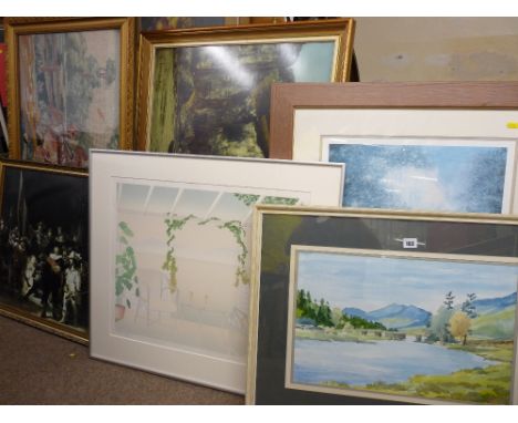 Watercolour - possibly Conwy Valley, indistinctly signed and a parcel of other paintings, prints and woolworks etc