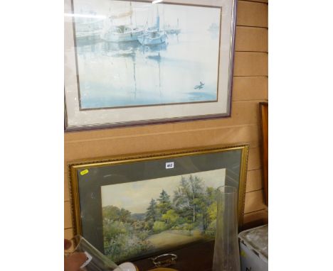 BURT HEIGHTON framed print - moored yachts titled 'Morning Still' and a gilt framed watercolour study - wooded lane with cott