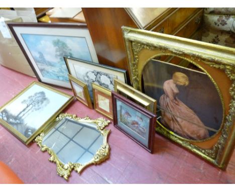 Good oval gilt picture frame and a parcel of paintings, prints and mirrors etc
