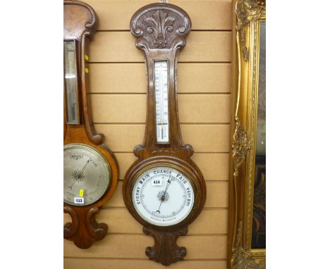 Vintage oak banjo wall barometer with thermometer
