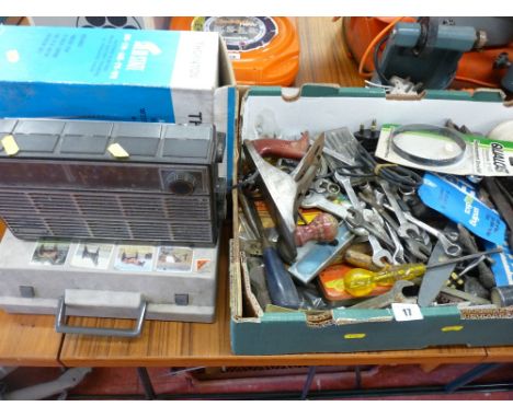 Box of mainly garage hand tools eg spanners, screwdrivers, Acorn smoothing plane and a cased typewriter, vintage portable rad