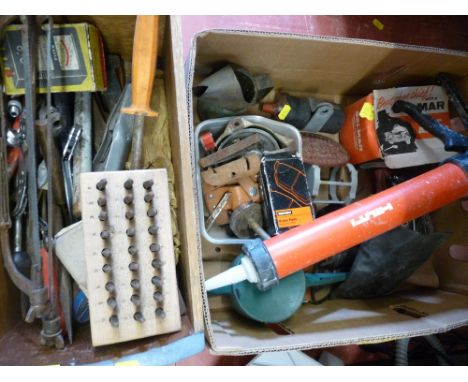 Small wooden drawer with hand tools, saws etc and a box of vintage car parts etc