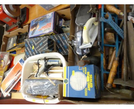 Three cardboard boxes with contents of various vintage tins and roll pins, Draper re-chargeable soldering iron, Sykes-Pickava