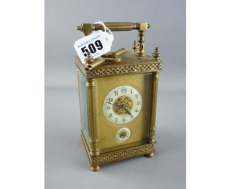 French brass cased carriage clock by Diette Hour, stamped 'D H', the dial marked 'Lausanne', in an architectural brass case (