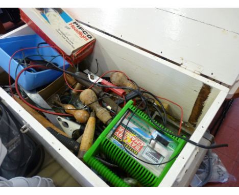White painted box with contents including garage hand tools, battery charger etc E/T