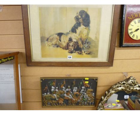 Oak framed print of spaniels and an embossed composition plaque of King Henry V at Agincourt 